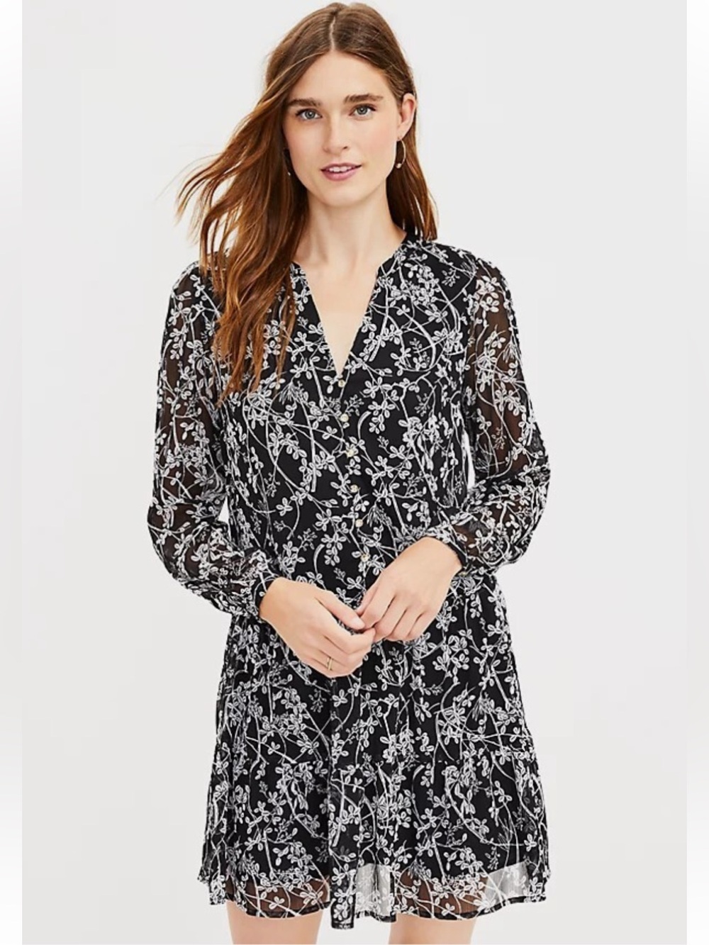 LOFT Black and White Floral Ruffle Blouse